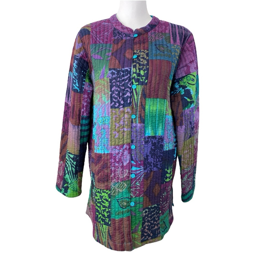 Handcrafted Patchwork Quilted Jacket Women's Size‎ L/XL Reversible Jewel Tone